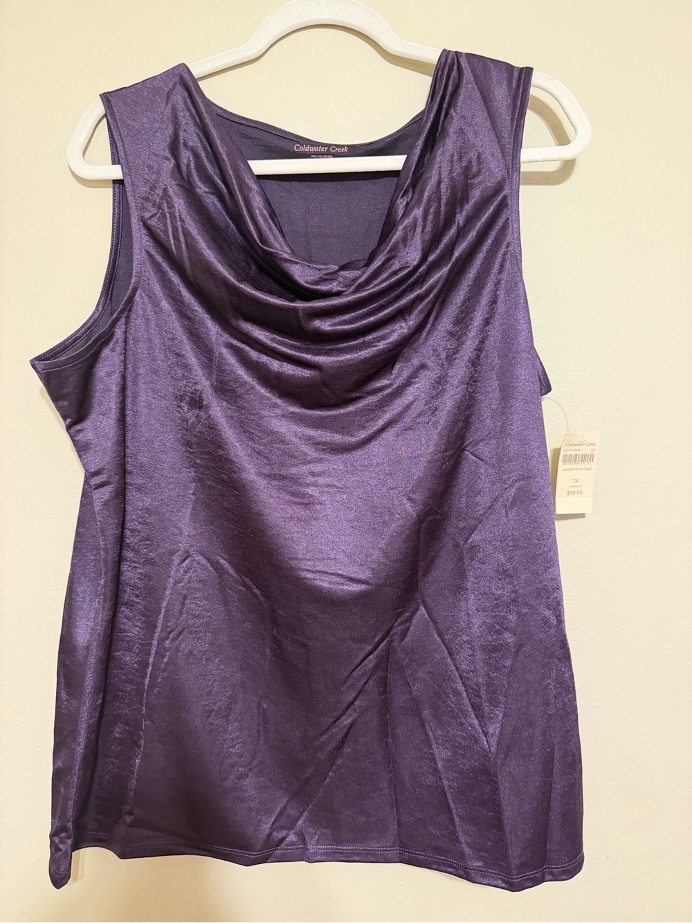 NWT Coldwater Creek Luxe Shimmer Shell 1X 18 Purple Cowl Neck Top